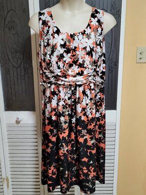 Perceptions Woman's Floral Orange Black White Sleeveless Dress